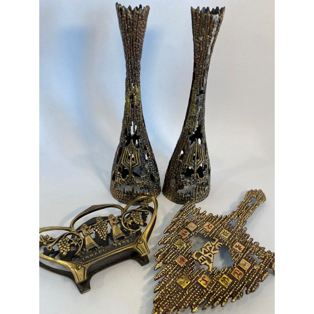 Unique Made in Jerusalem Brass Candle Sticks, Letter Holder, Dreidel Spoon Rest/